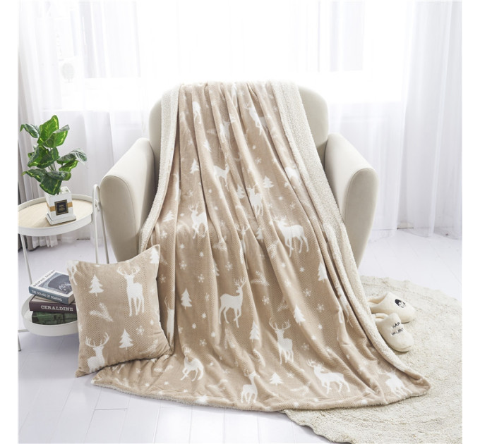 Плед рождественский двуслойный Homytex 180 * 220 флис Sherpa Олени беж