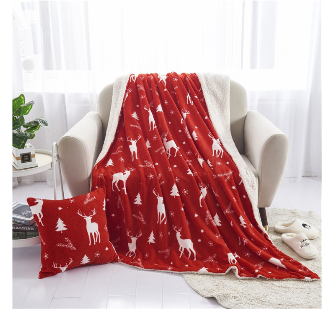 Плед рождественский двуслойный Homytex 180 * 220 флис Sherpa Олени красные