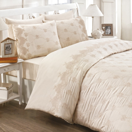 Постельное белье cатин делюкс с вышивкой евро - Royal Nazik Iris Biscuit Постельное белье cатин делюкс с вышивкой евро - Royal Nazik Iris Biscuit