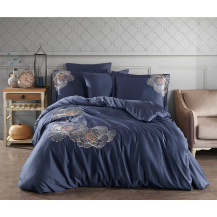 Постельное белье cатин делюкс с вышивкой евро Dantela Vita CALISTA LACIVERT (200х220)