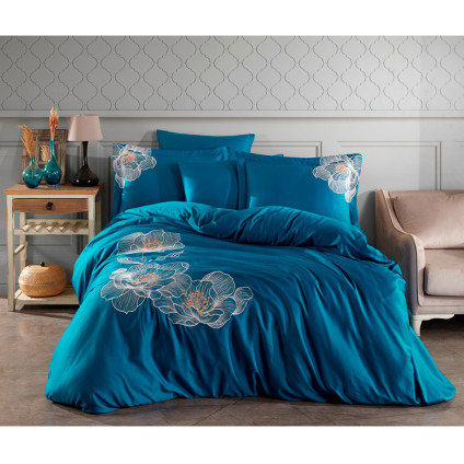 Постельное белье cатин делюкс с вышивкой евро Dantela Vita CALISTA PETROL (200х220)