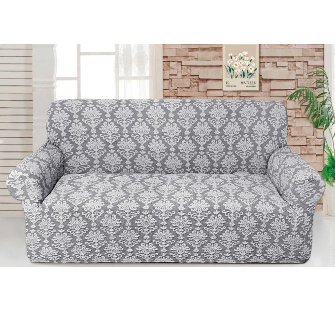 Чехол на диван трехместный жаккардовый без оборки Love You светло-серый