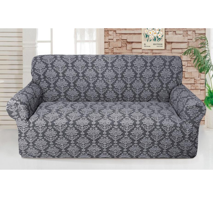 Чехол на диван трехместный жаккардовый без оборки Love You серый